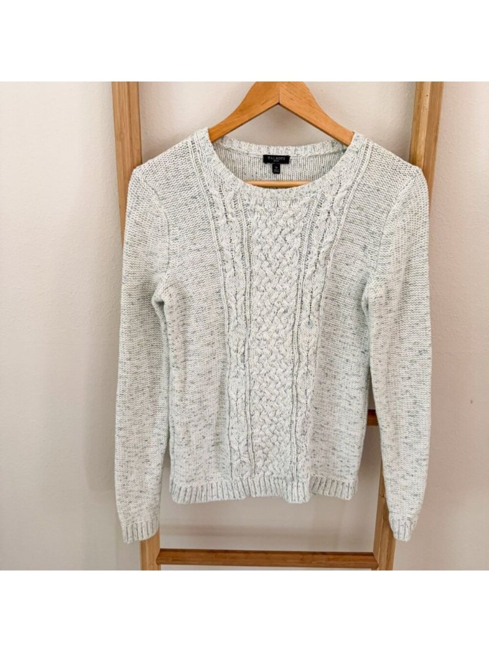 Talbots Petite Blue Cream Cable Knit Cotton Crew Neck Sweater SP Small